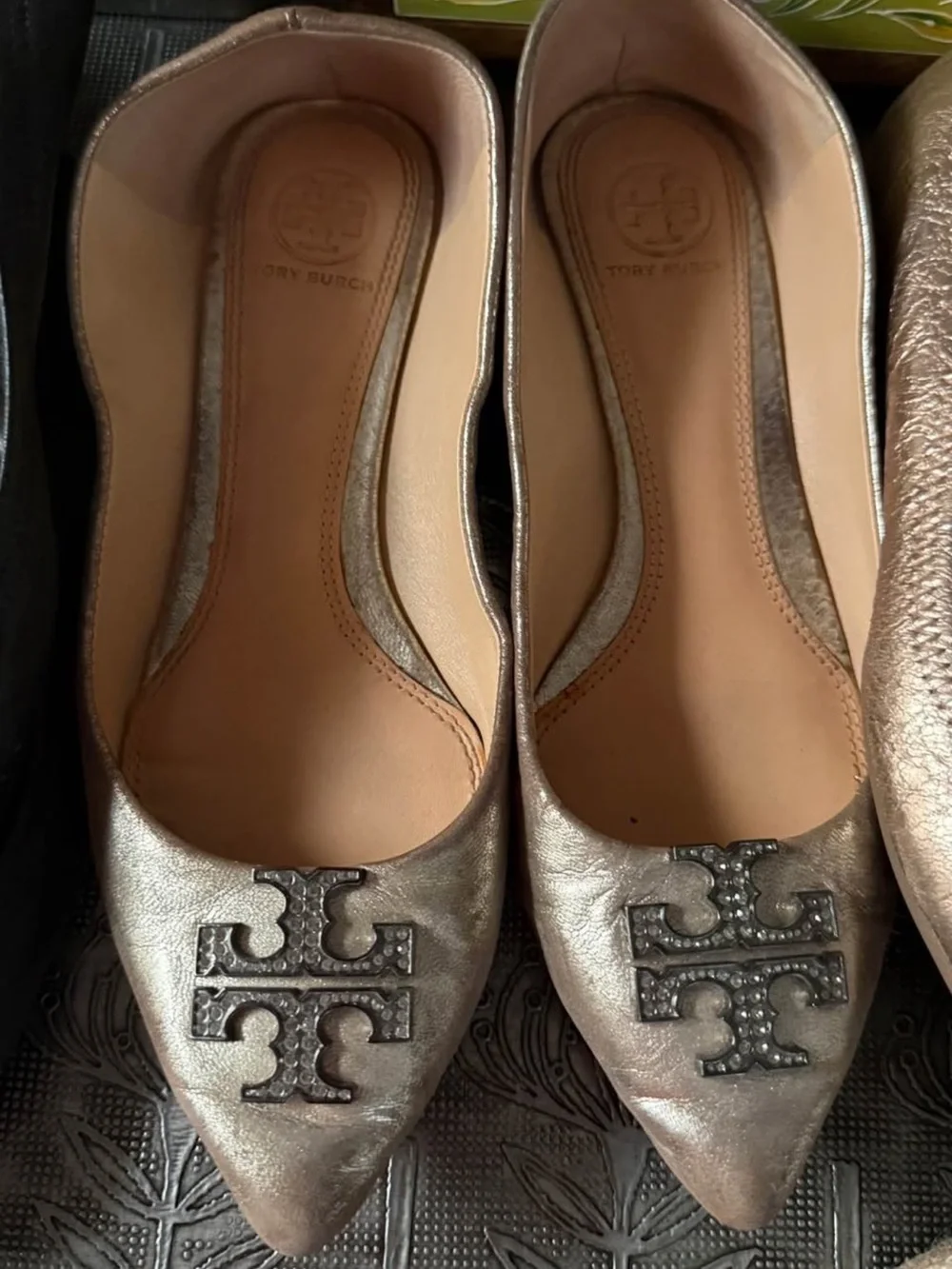 Tory Burch Metallic Champagne Pointed-Toe Logo Ballet Flats
